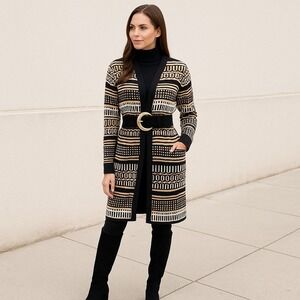 Nordstrom Collection Classic Black Cream Geometric Long Line Cashmere Cardigan M